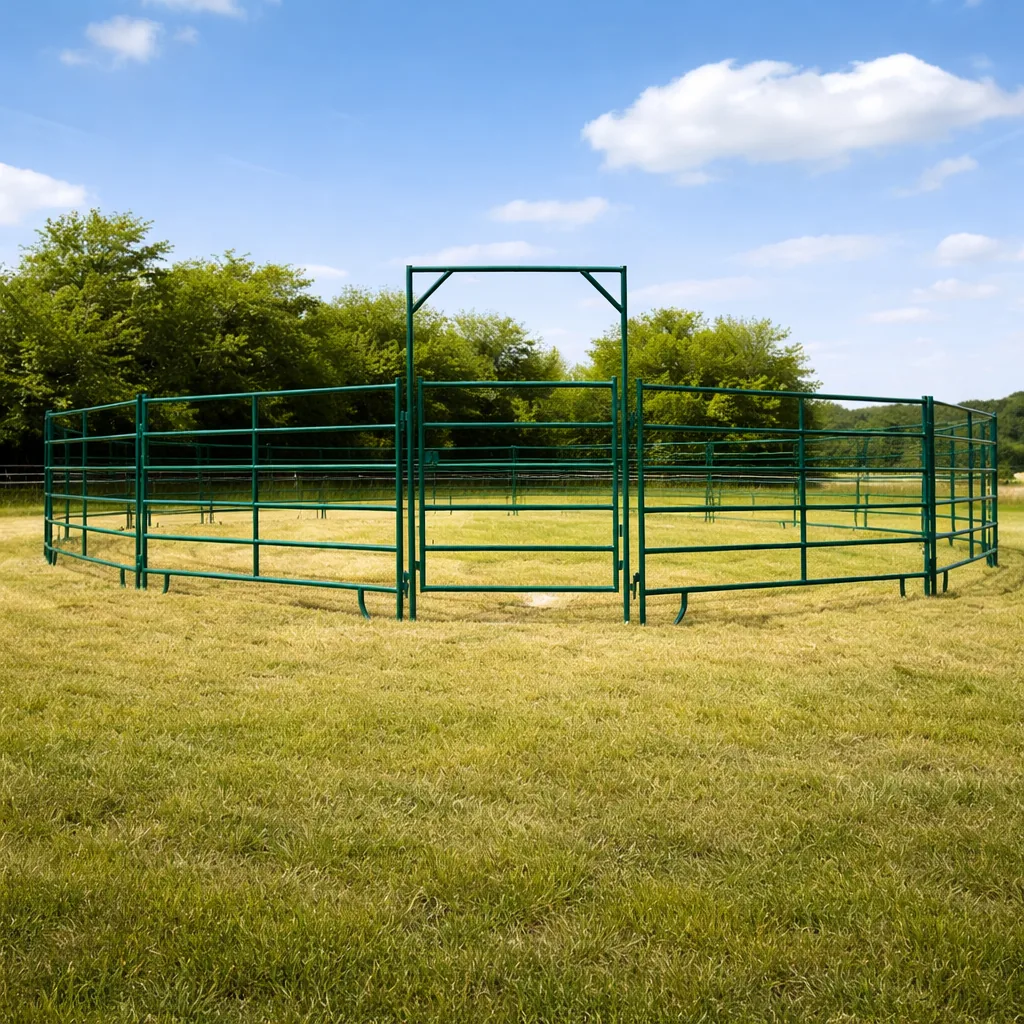 Metall Roundpen für Pferde aus stabilen Weidepanels – Team Mala Metall Roundpen aus grünen Weidepanels mit Tor für Pferde von Team Mala