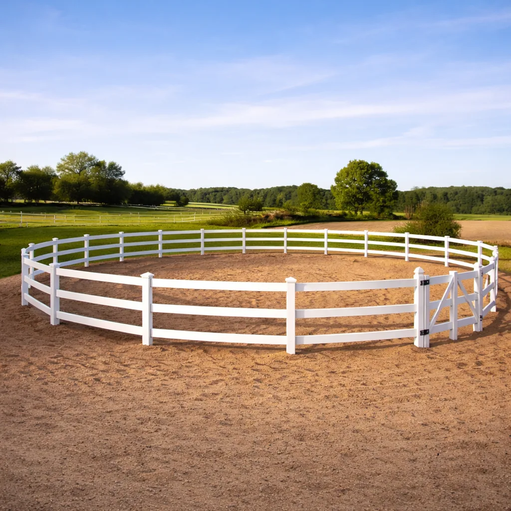Roundpen für Pferde – stabiler Vinylzaun von Team Mala Roundpen für Pferde mit weißem Vinylzaun von Team Mala auf Sandplatz